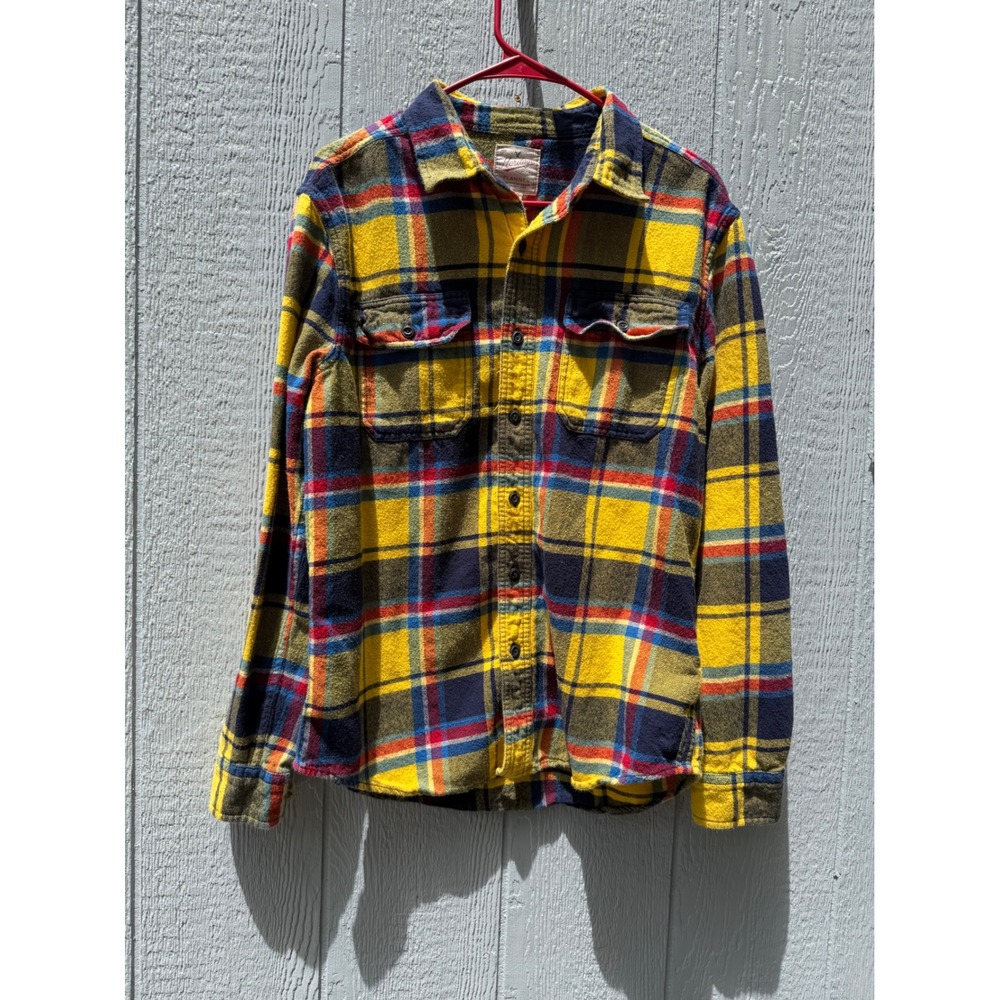 American Eagle Heritage Flannel Shirt Mens Large Yellow Navy Blue Red Plaid L/S